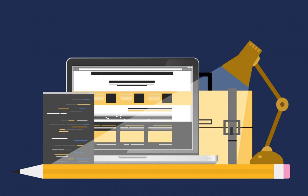 Ordinateur portable affichant une interface de conception de site web avec des outils et un éclairage de bureau moderne.