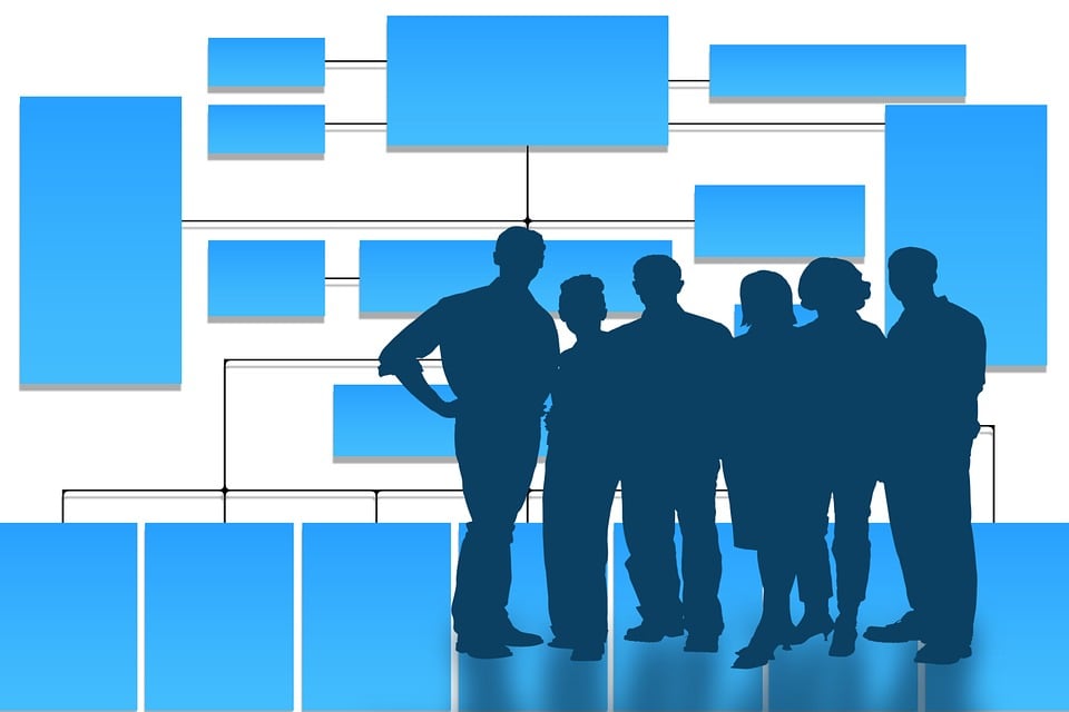 Un organigramme et illustration d'une équipe de collaborateurs