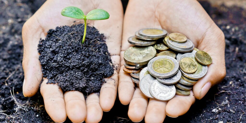 Deux mains ouvertes tenant d'un côté de la terre avec une jeune pousse verte et de l'autre une pile de pièces de monnaie, symbolisant les pratiques durables, ce qui est visé par le CSRD.